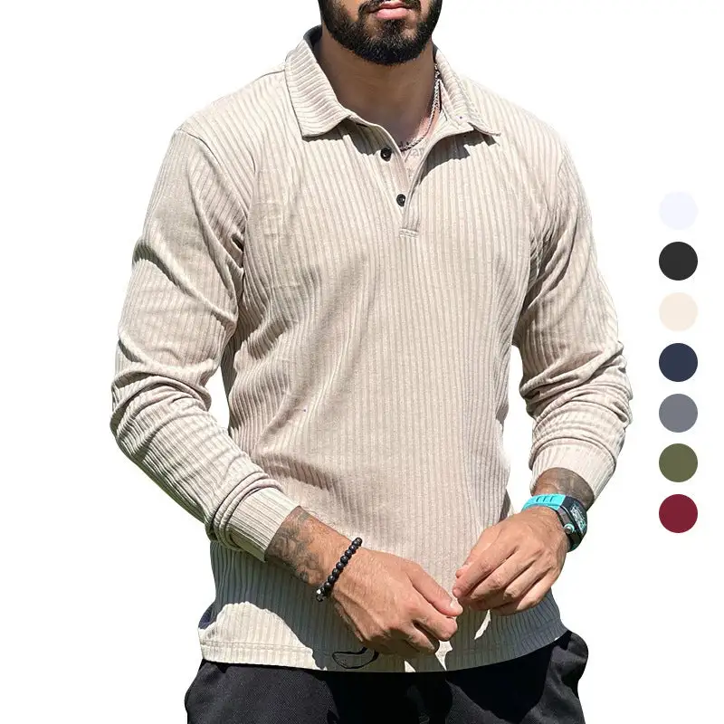 Streamlined Ribbed Button Placket Long Sleeve Fine Knit Polo Shirt