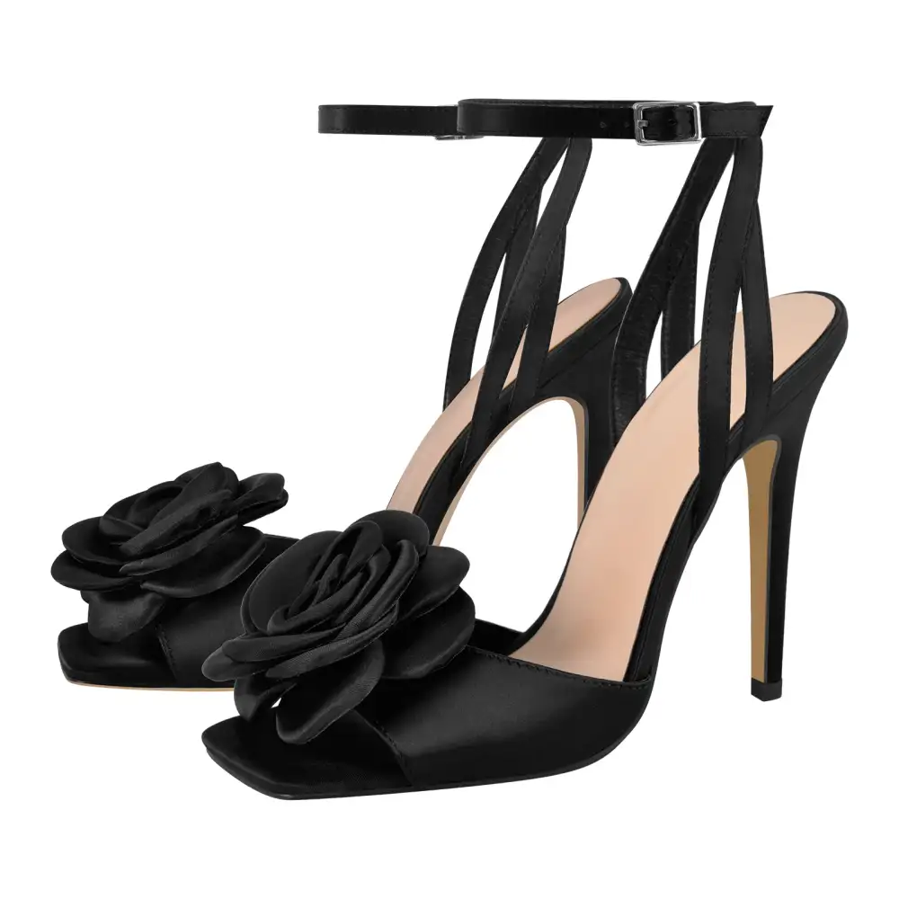 Square Toe Flower Ankle Strap Sandals