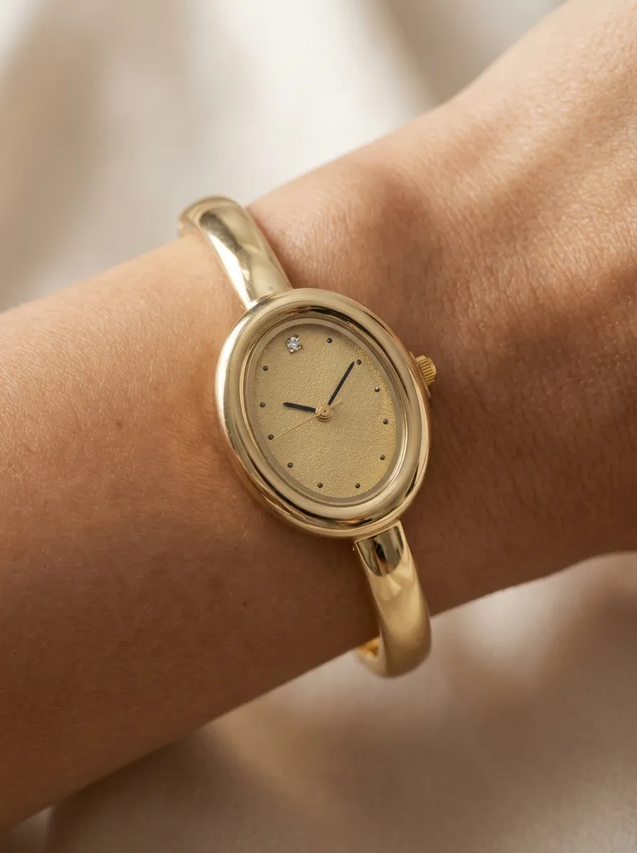 Women's Minimalist Gold Oval Diamond Dial Bangle Watch