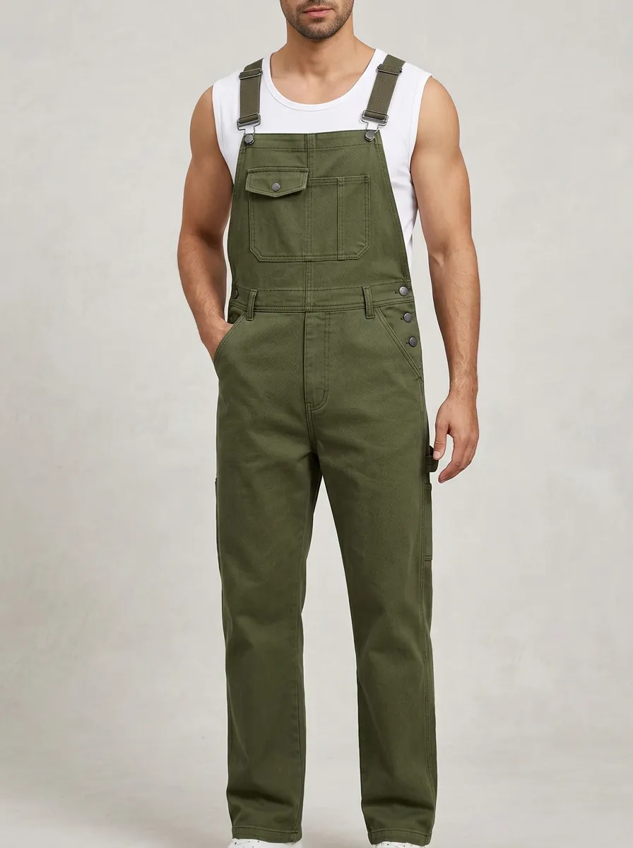 Men's Casual Olive Green Utility Pocket Denim Overalls