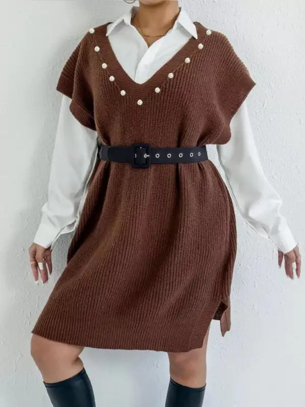 V Neck Slit Sweater Dress