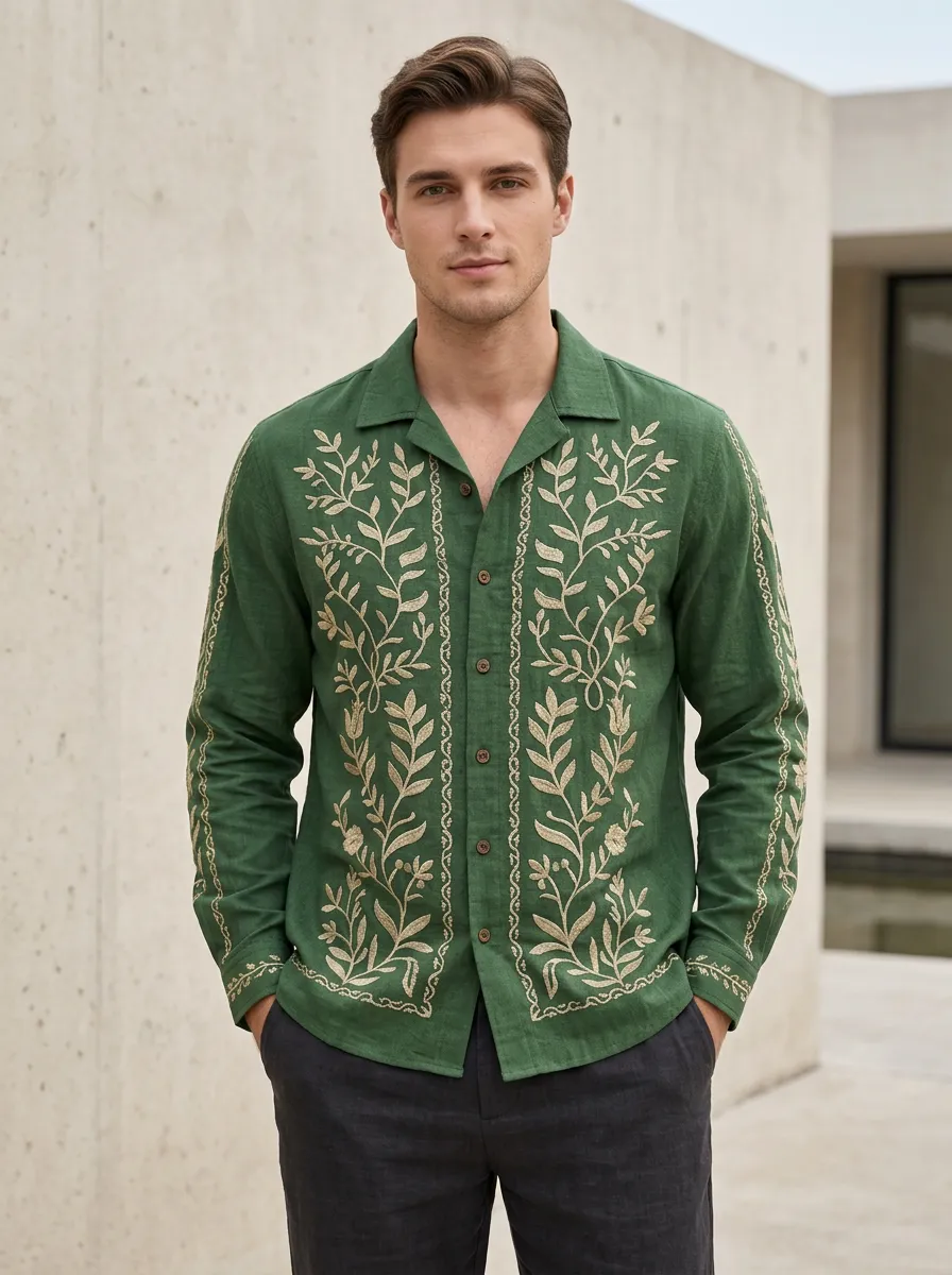 Men's Artful Botanical Embroidered Linen Shirt