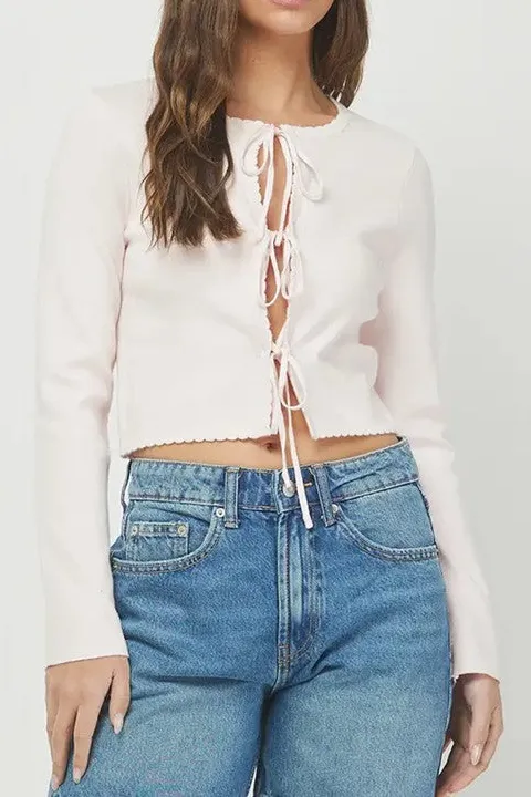 Pink Tie-Front Cropped Knit Cardigan