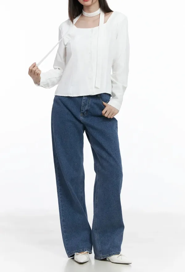 High-Waist Fleece-Lined Wide-Leg Jeans