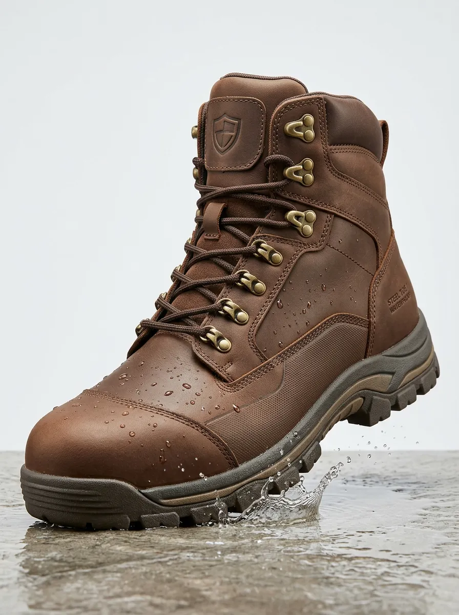 Unisex Steel Toe Waterproof Brown Leather Work Boots