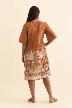 Knee-Length Floral Cotton Pocket Ruffle V-Neck Half-Sleeve Dress
