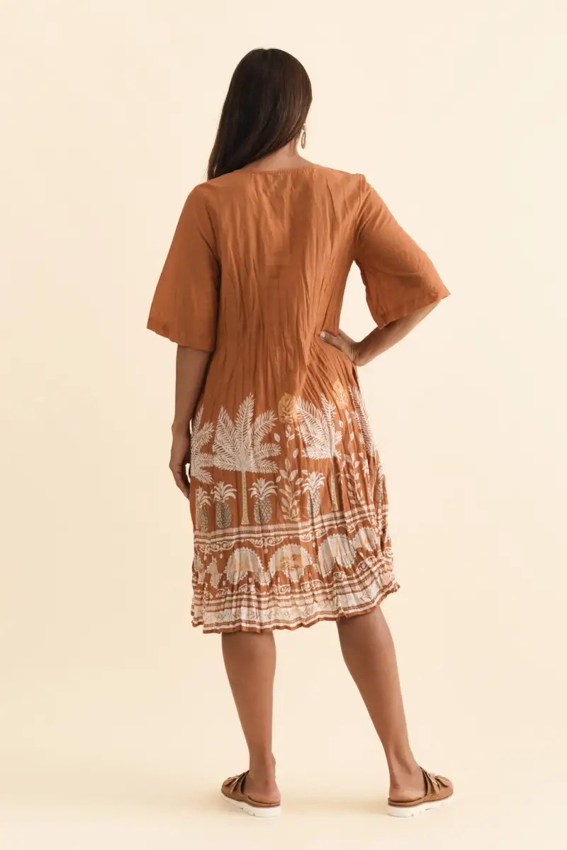 Knee-Length Floral Cotton Pocket Ruffle V-Neck Half-Sleeve Dress