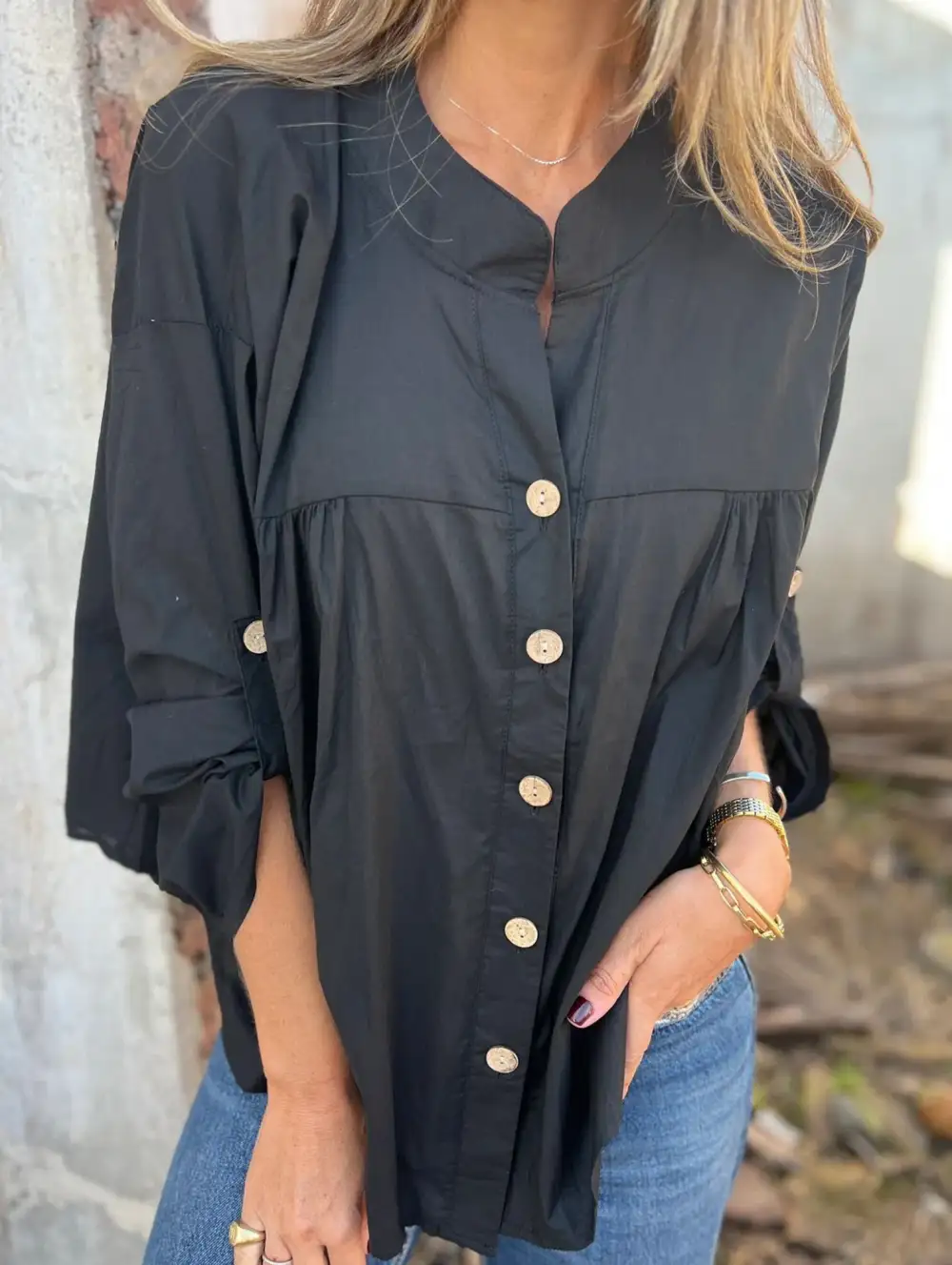 Loose V-Neck Pleated Shirt