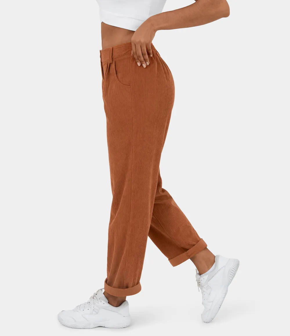 Mid Rise Button Zipper Side Pocket Corduroy Casual Pants