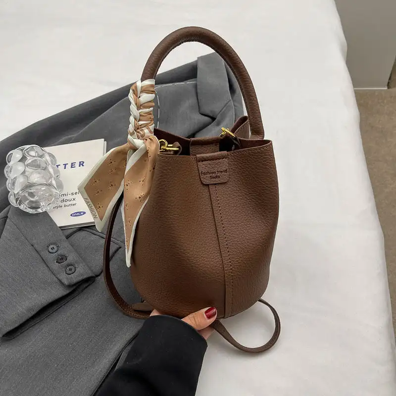 Compact Faux Leather Textured Bucket Bag