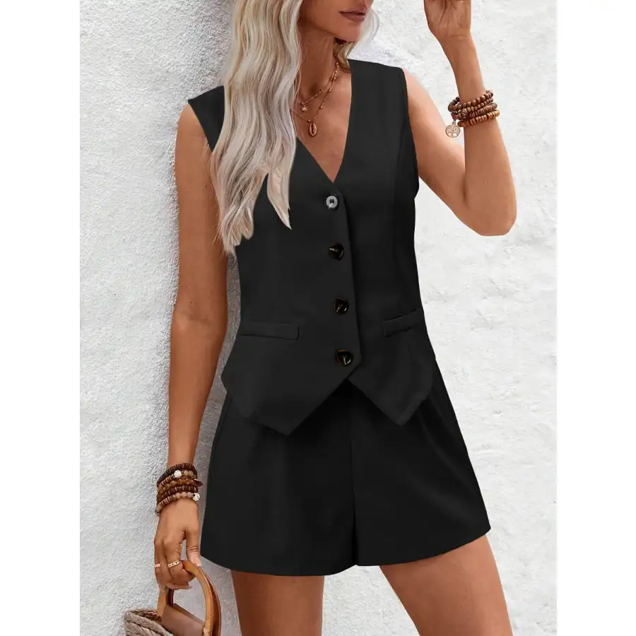 V Neck Button Down Vest and Shorts Set