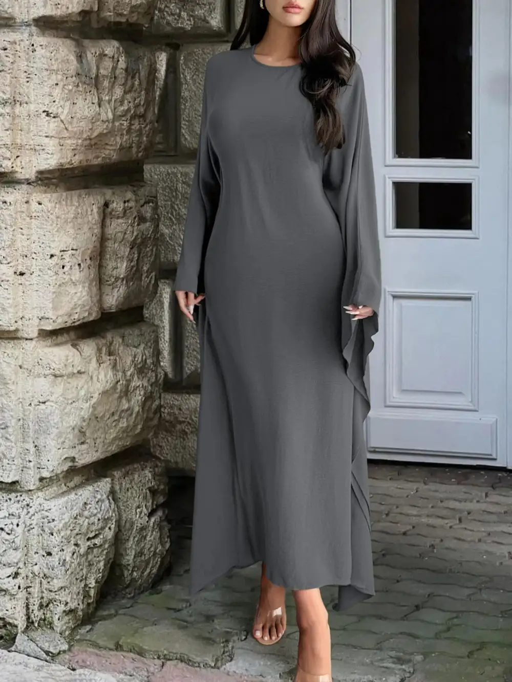 Cape Round Neck Maxi Dress