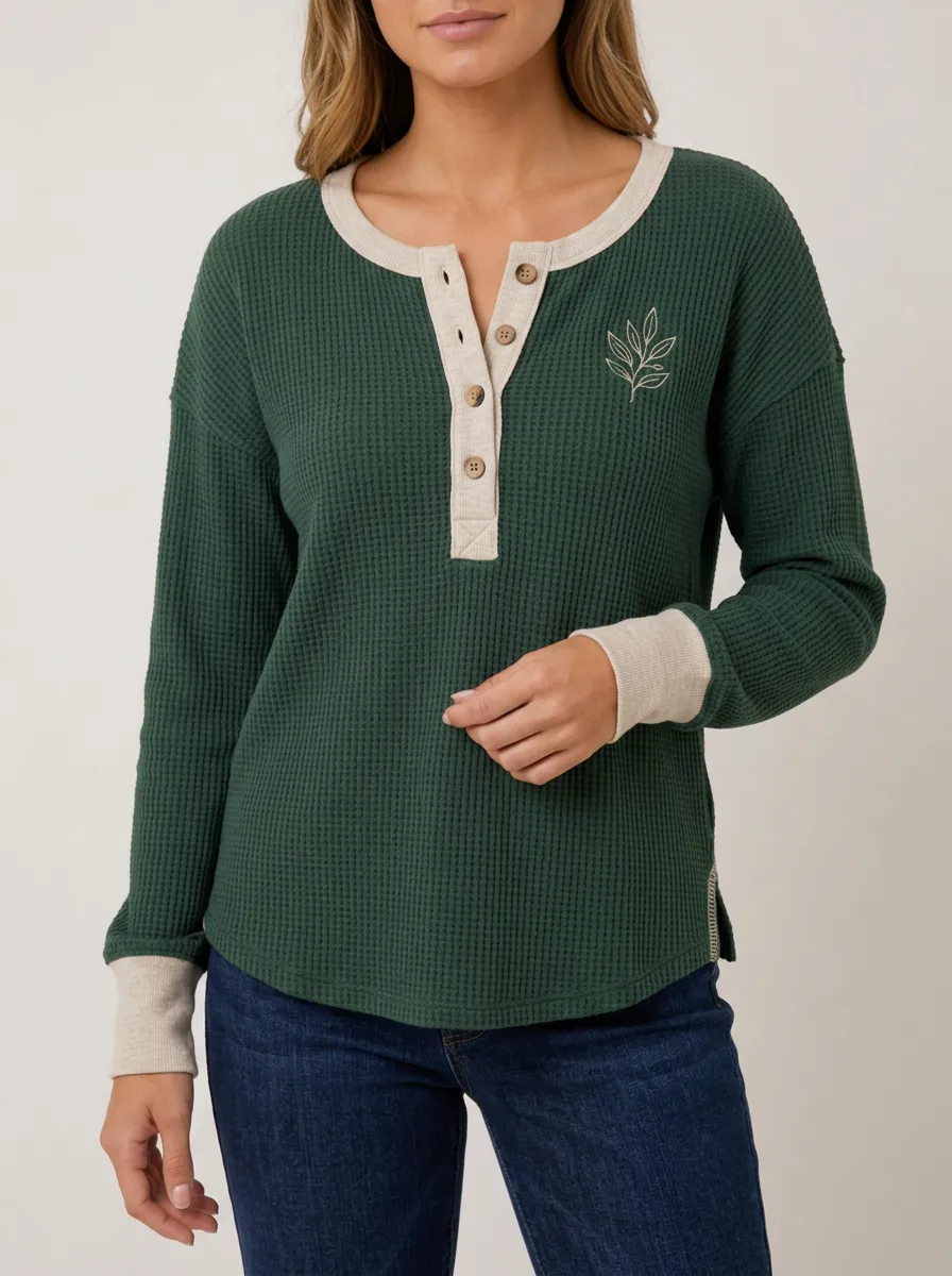 Modern Weekend Botanical Leaf Embroidered Waffle Knit Henley Top