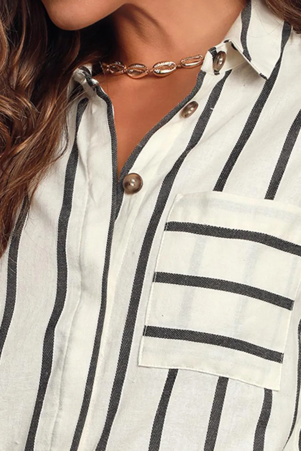 Casual Style Off-White Striped Long Sleeve Button-Up Top