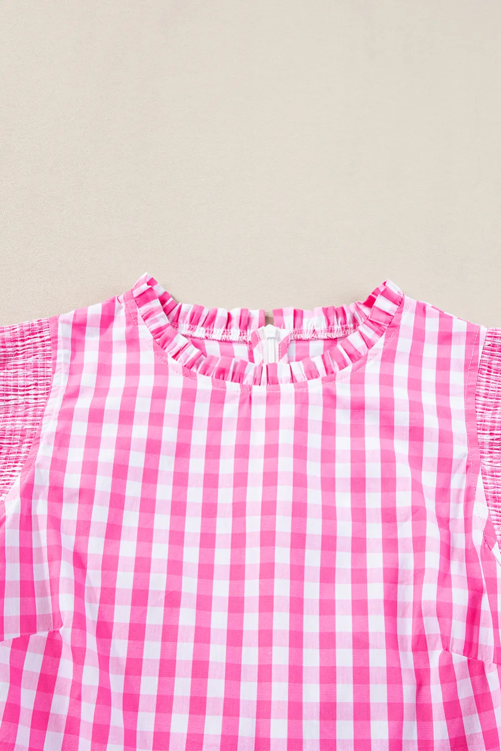 Rose Red Checkered Ruffled Sleeve Blouse
