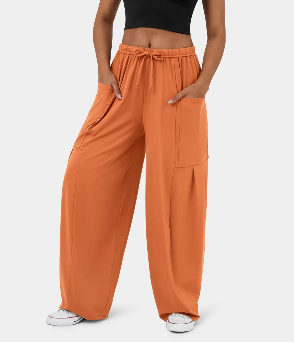 Mid Rise Elastic Waistband Drawstring Side Pocket Palazzo Flowy Wide Leg Casual Pants