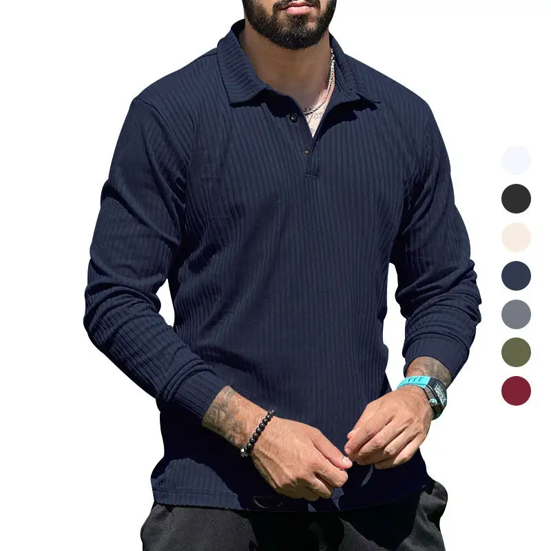 Streamlined Ribbed Button Placket Long Sleeve Fine Knit Polo Shirt