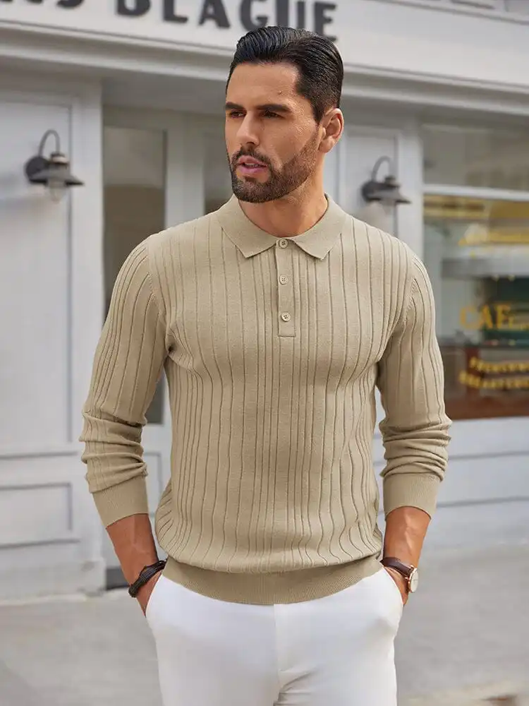 Versatile Ribbed Knit Polo Shirts Sweater