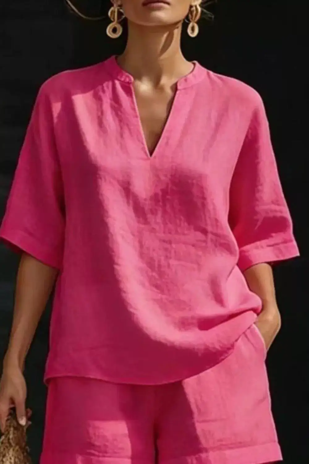 Relaxed Notched Half Sleeve Top and Shorts Set