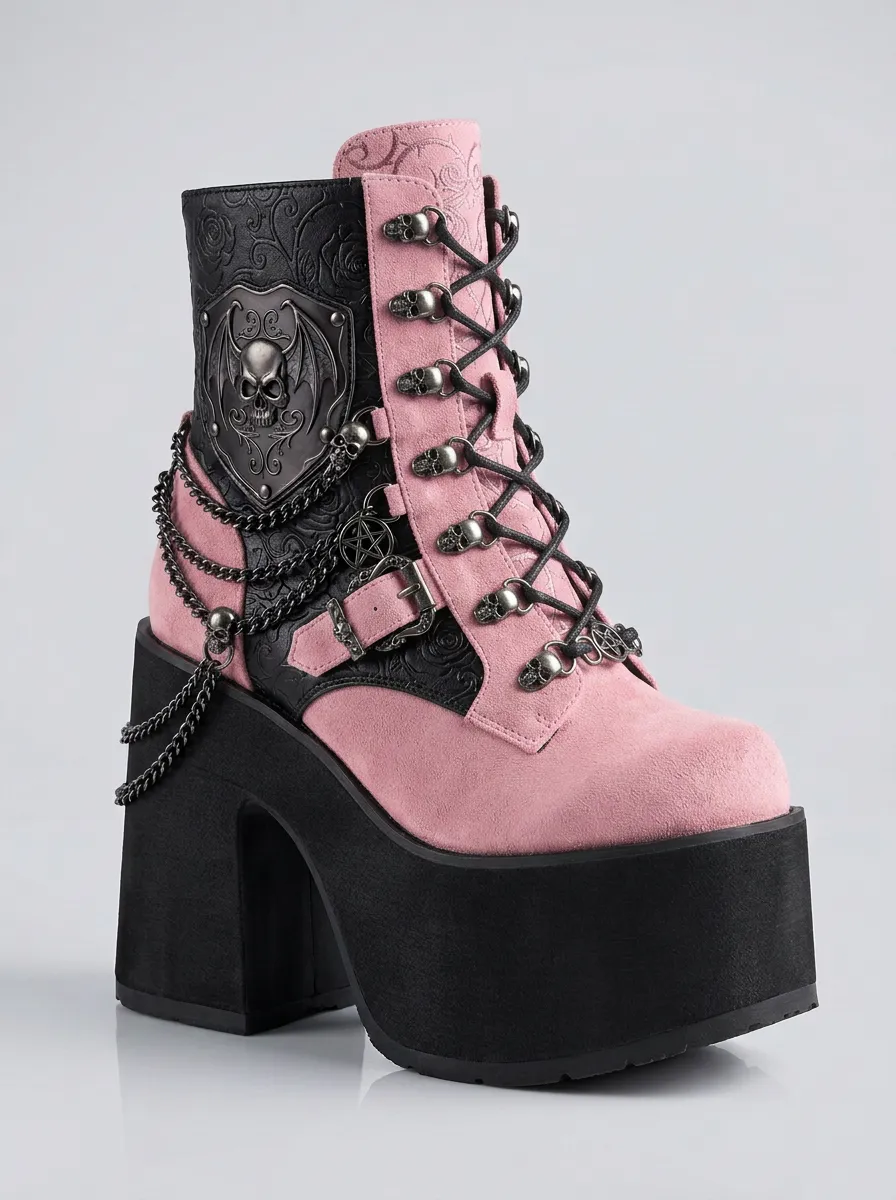 Witchy Skull Wing Chain Profile Women's Gothic Platform Boots