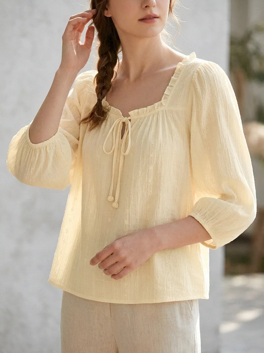 Embroidered Eyelet Square-Neck Women's Puff-Sleeve Blouse