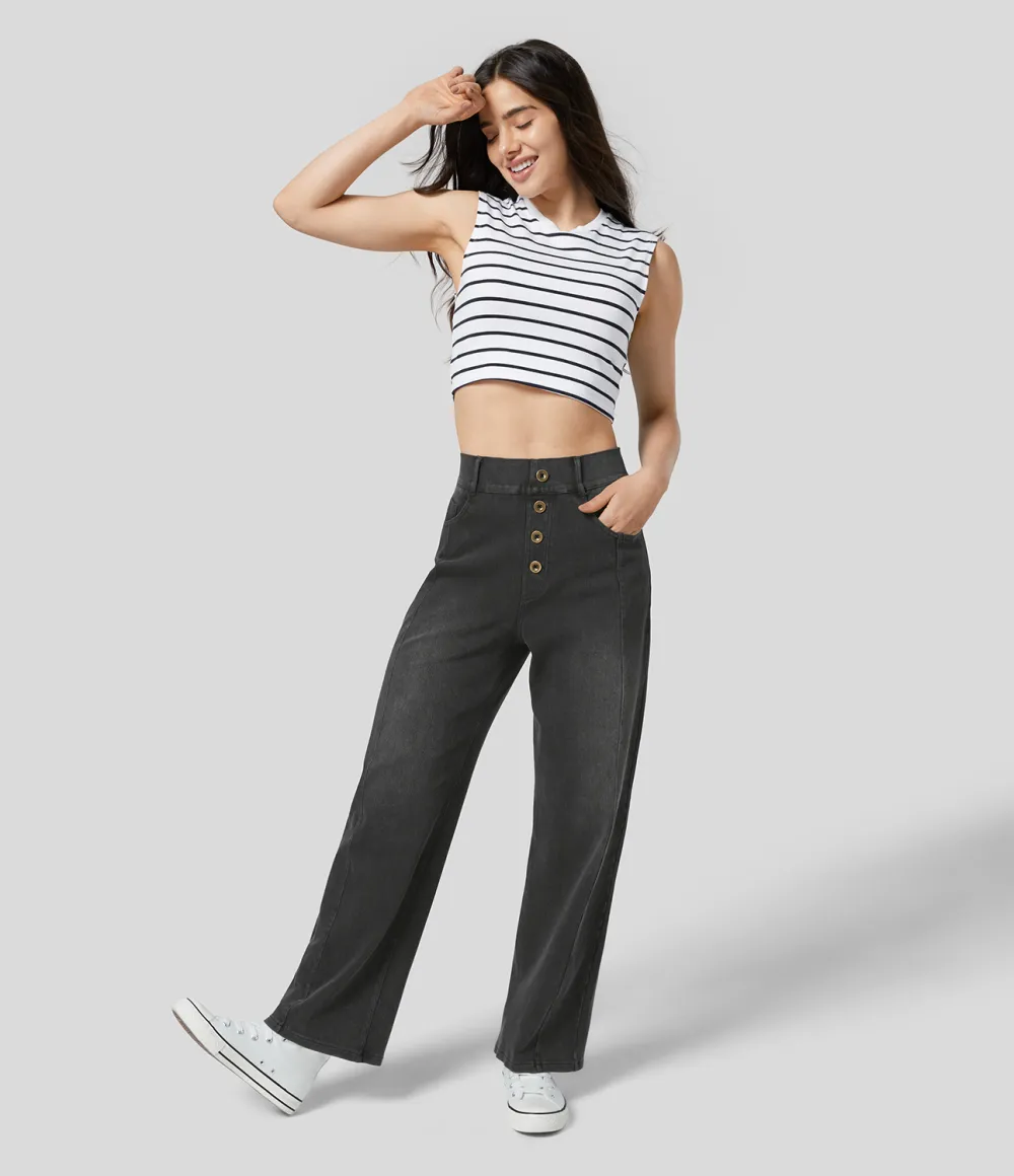 Magic High Waisted Decorative Button Multiple Pockets Straight Leg Stretchy Knit Casual Boyfriend Jeans
