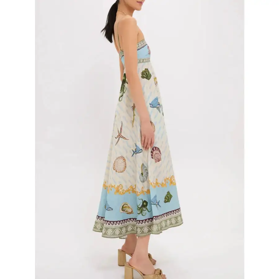 Ocean Print Spaghetti Strap Midi Dress