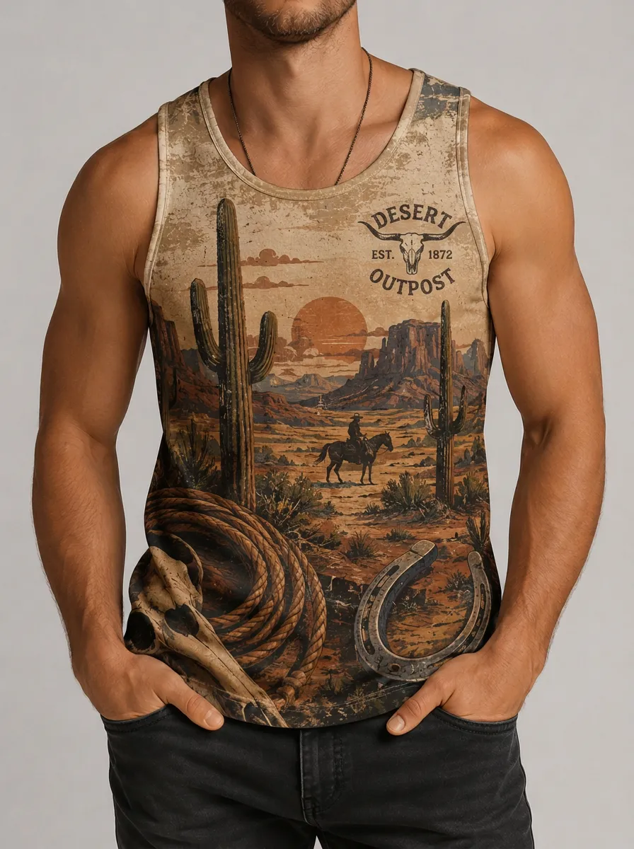 Men's Western Cowboy Desert Outpost Printed Tank Top