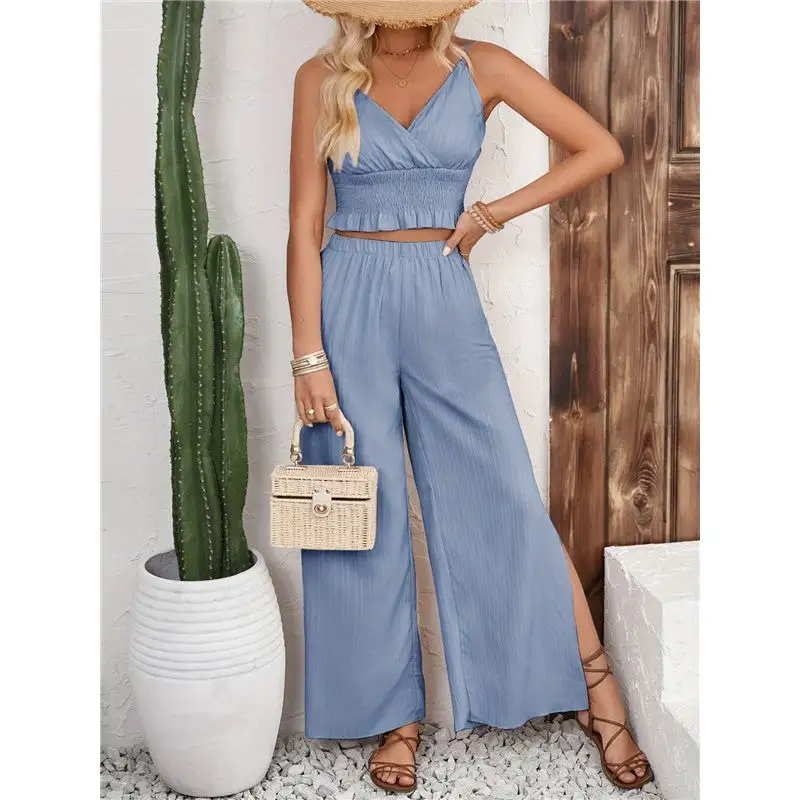 Refined Striped Ruffle Tank Top And Straight Leg Pants Set