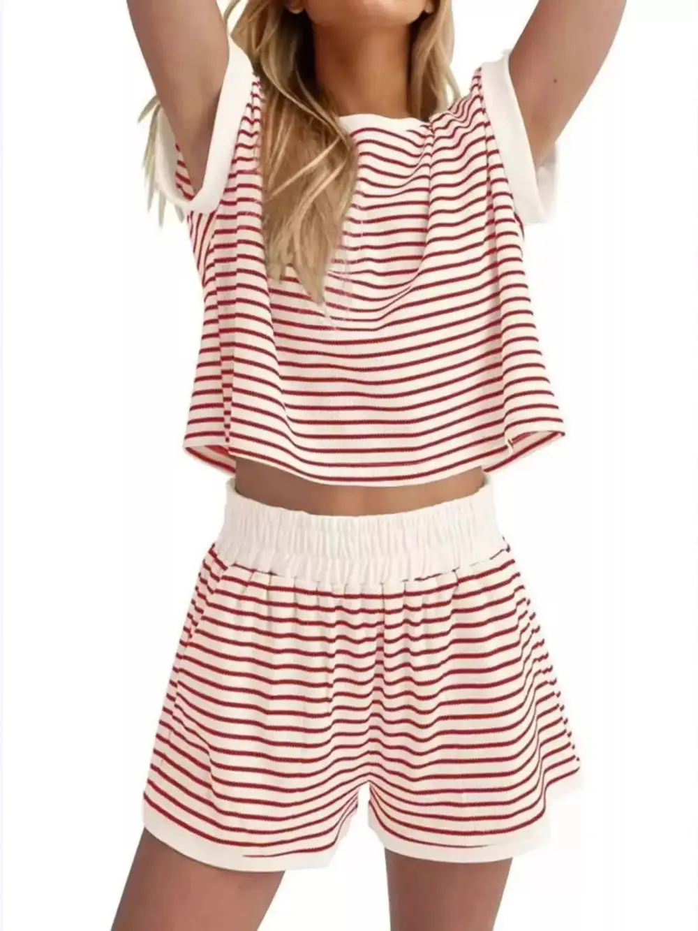 Striped Round Neck Top and Shorts Set