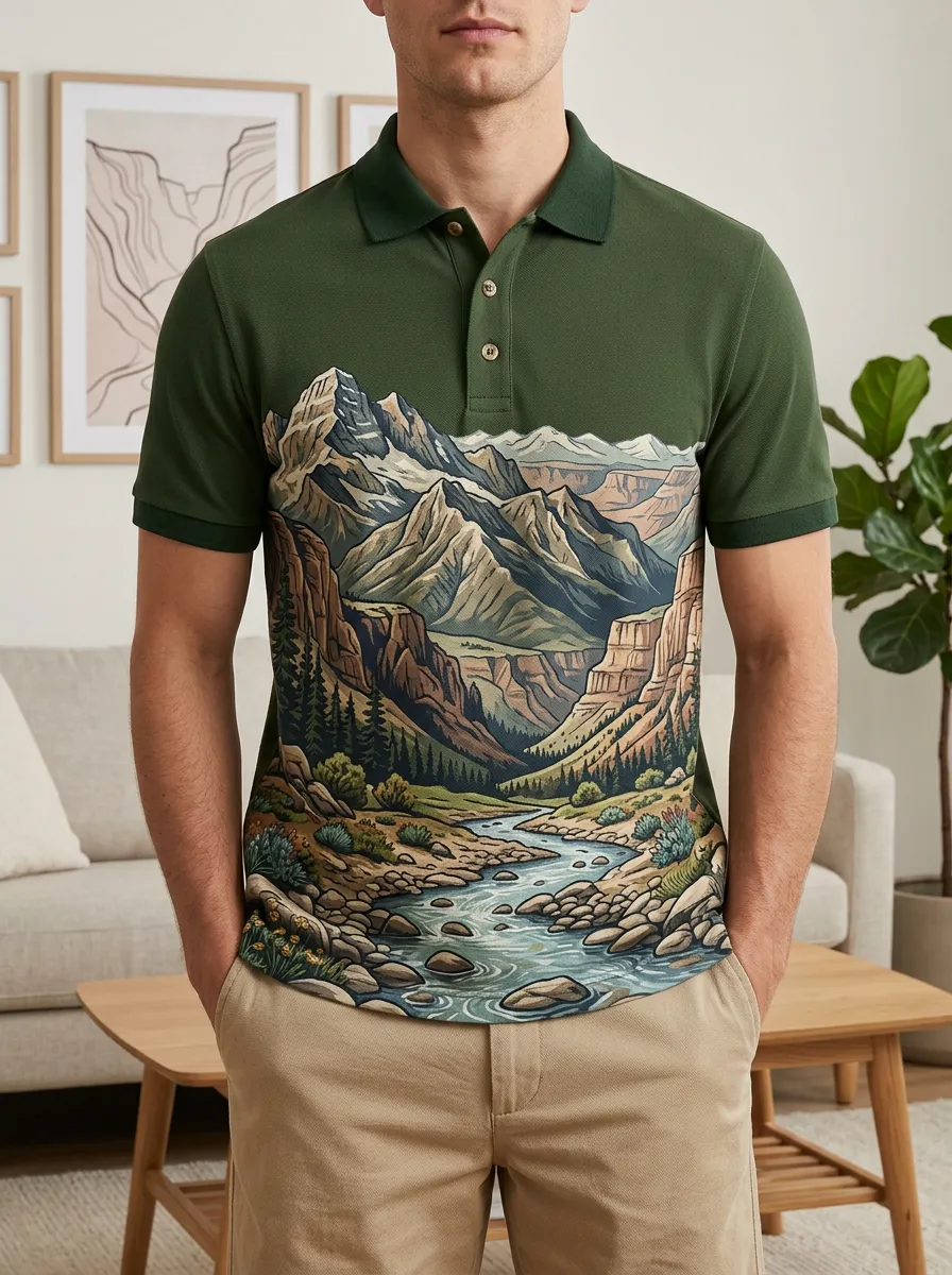 Men's Nature Lover Mountain River Landscape Printed Polo Shirt Relaxed Daily Style