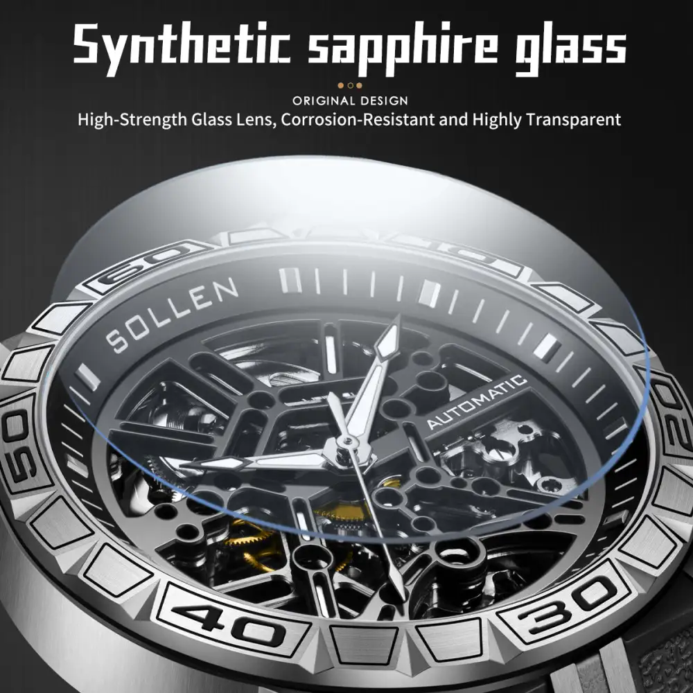 Sollen SL326 Men's Skeleton Automatic Mechanical Watch - 43mm 316L Stainless Steel Case Sapphire Crystal Multi-Layer Dial Leather-Pattern Silicone Strap Wristwatch