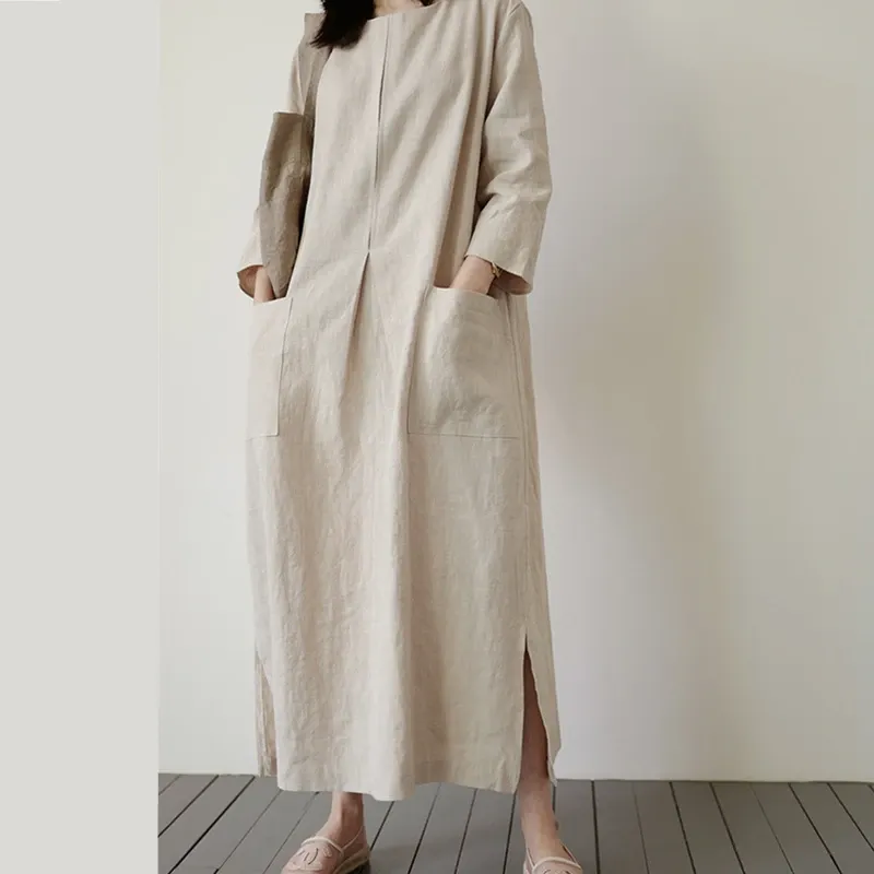 Linen Blend Cotton Blend Maxi Button Detail Dress
