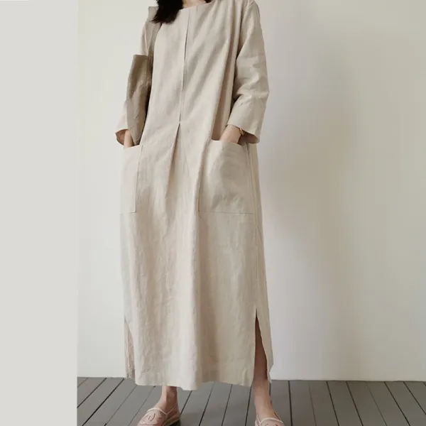 Linen Blend Cotton Blend Maxi Button Detail Dress