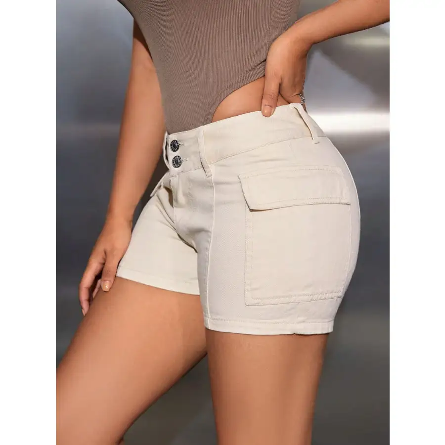 Mid Rise Waist Denim Shorts with Pockets