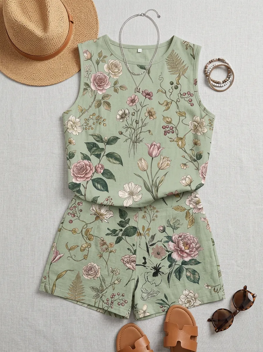 Women's Vintage Floral Botanical Printed Sleeveless Shorts Set