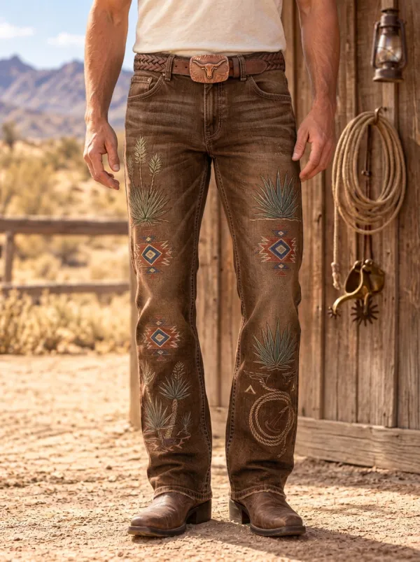 Men's Western Cowboy Cactus Desert Geometric Jeans