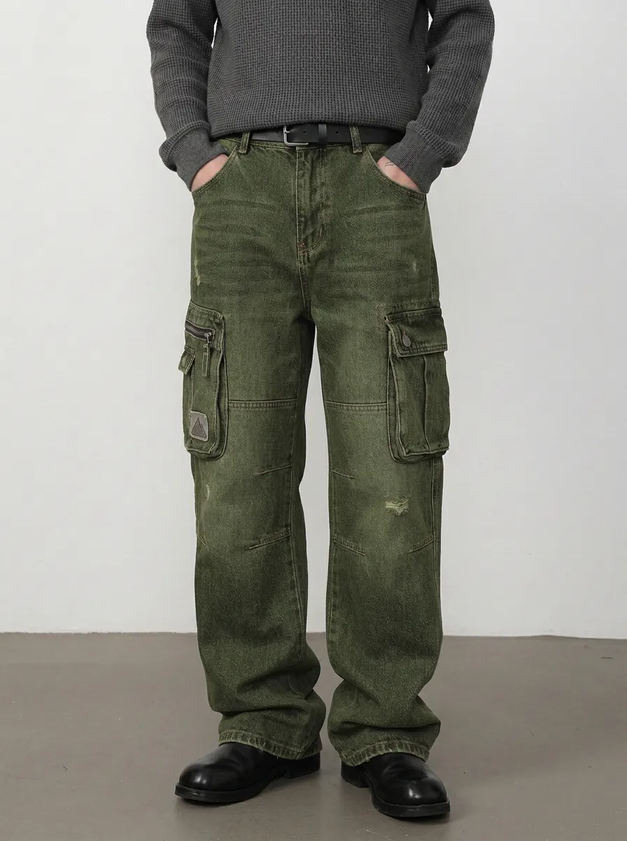 Men's Canyon Streetwear Distressed Denim Multi-Pocket Cargo Jeans
