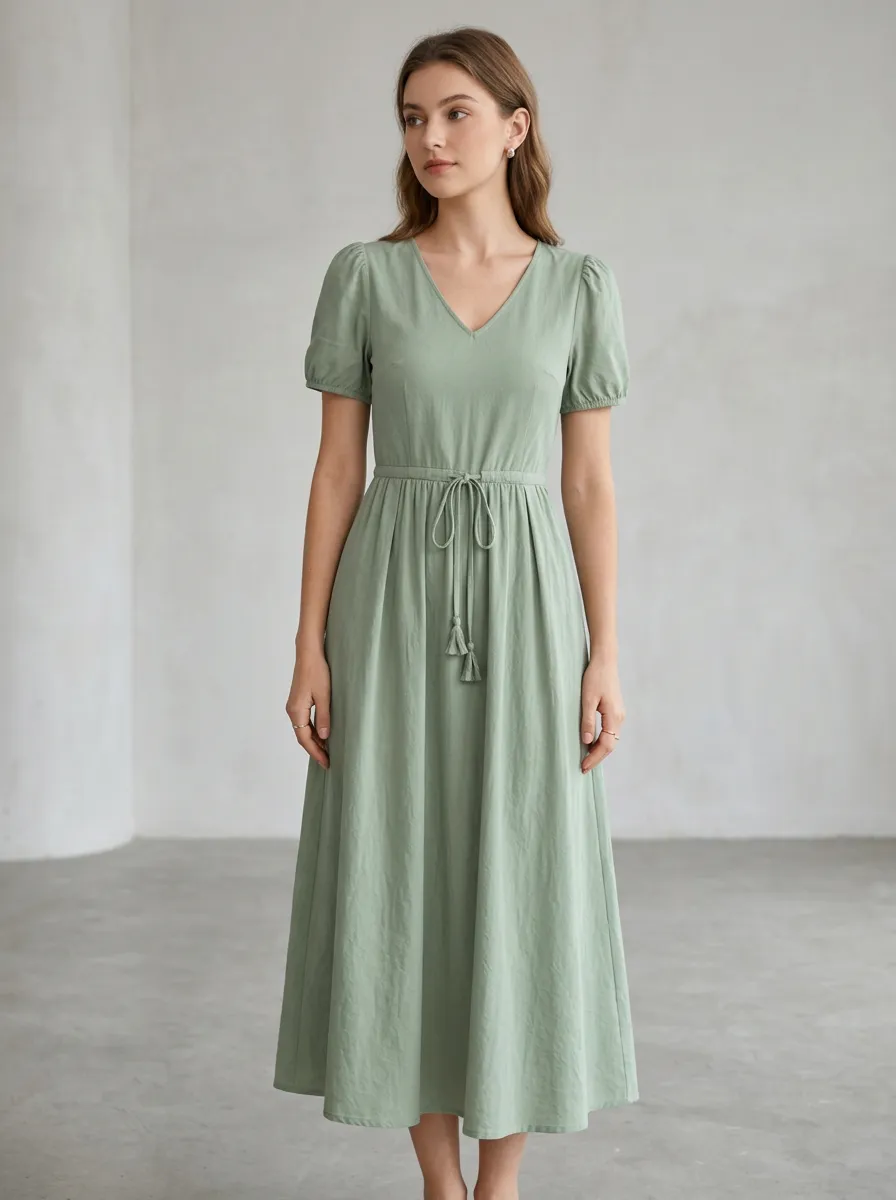 Women's Sage Green V-Neck Puff Sleeve Tassel Waist Midi Dress