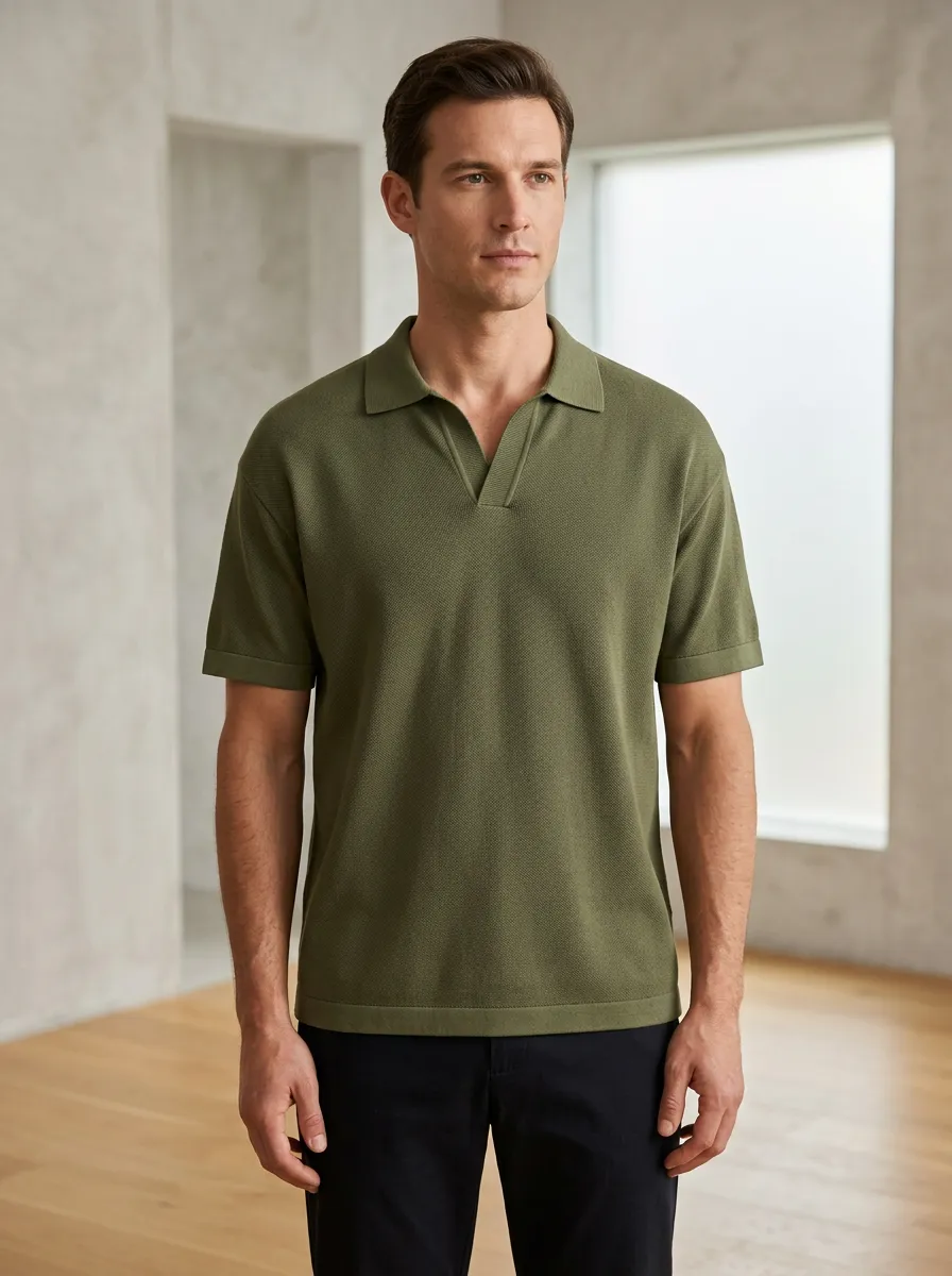 Textured-Knit V-Neck Men's Polo Shirt