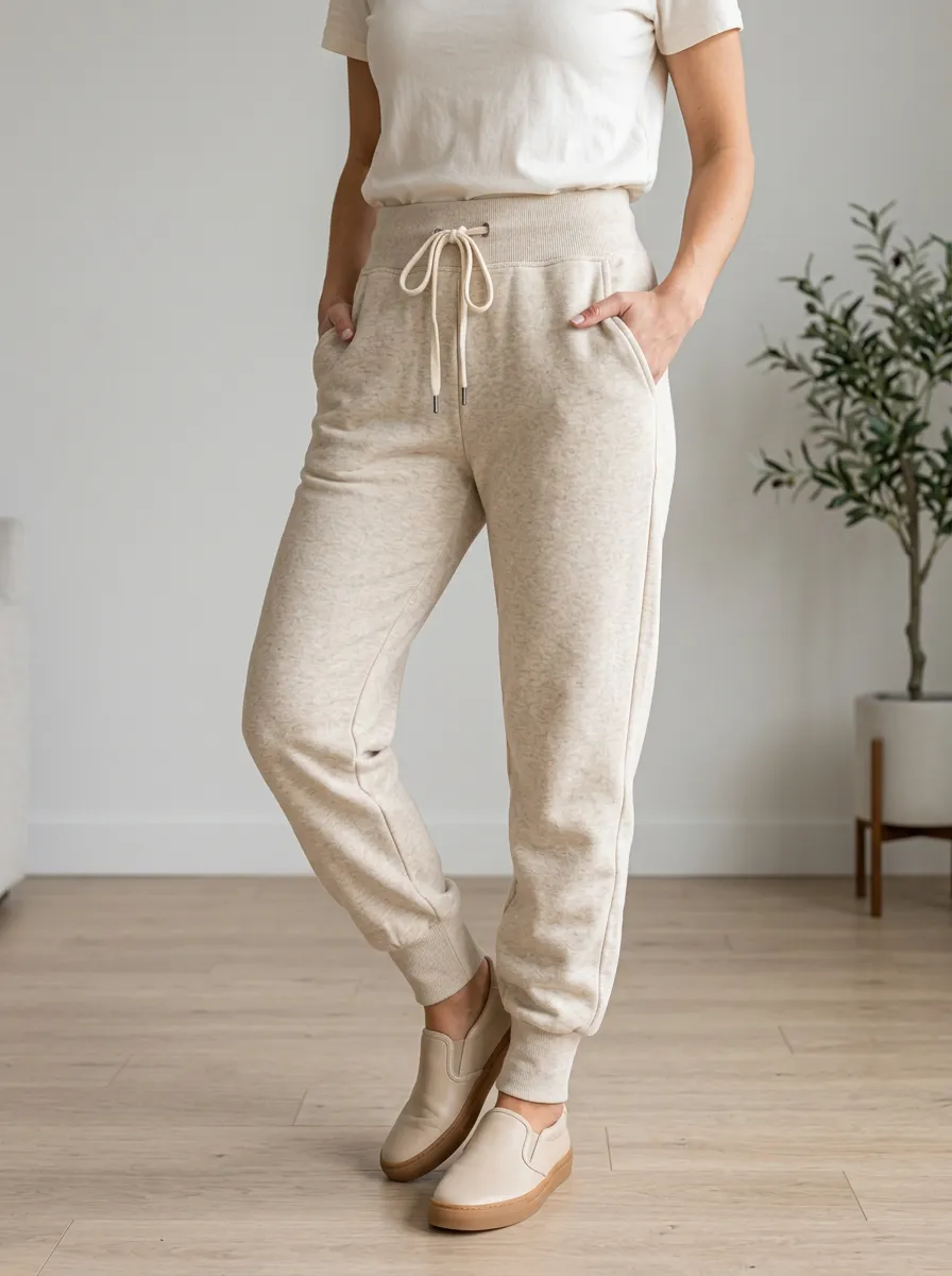 Women's Casual Lounge Beige High-Waisted Drawstring Joggers