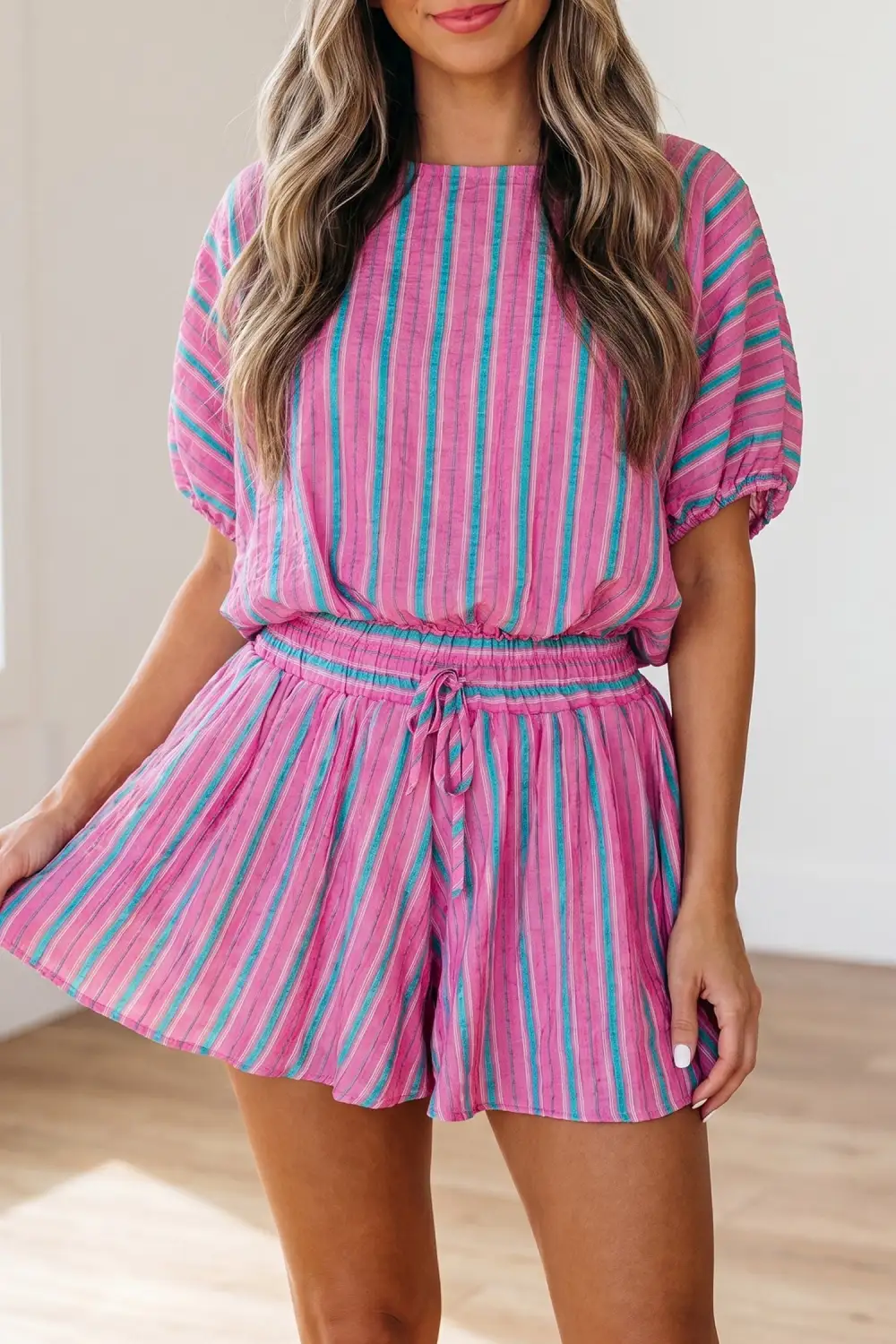 Women's Dolman Short Sleeve Blouse Drawstring Elastic Waist Loose Short Set