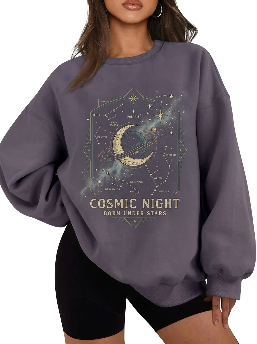 Women's Cosmic Night Constellation Moon Planet Printed T-shirt