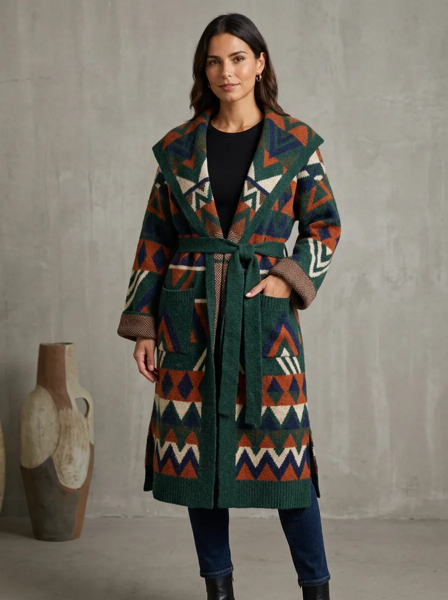 Women's Multi-Color Geometric Pattern Belted Cardigan