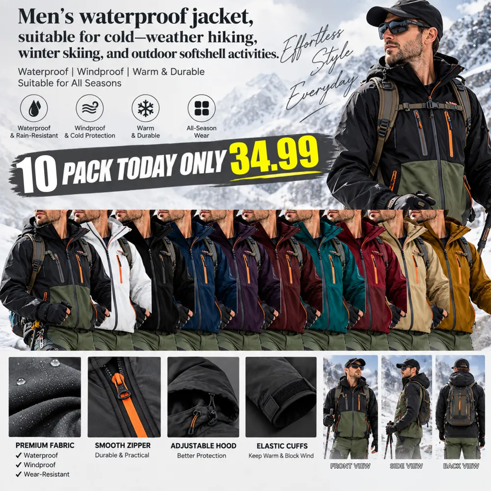Men's waterproof jacket, suitable for cold-weather hiking, winter skiing, and outdoor softshell activities.
