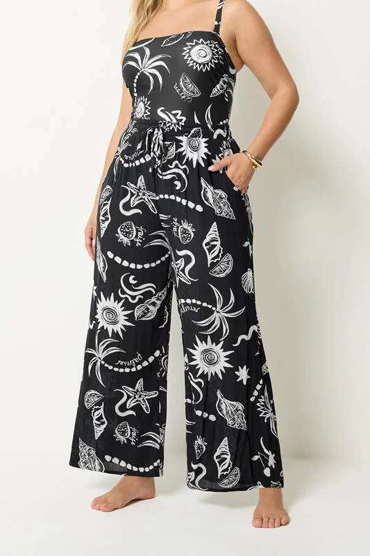 Black Summer Print Crinkle Beachwear Wide Leg Trousers detail 1