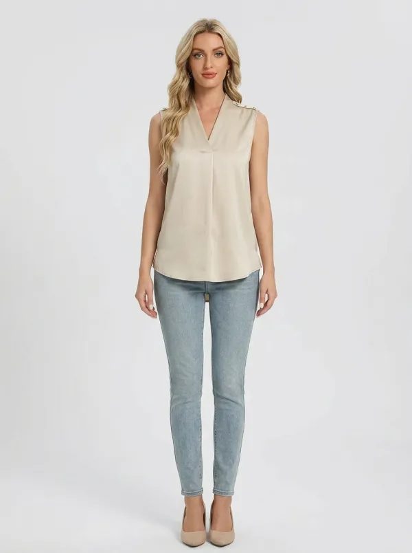 Office V-Neck Button Shoulder Sleeveless Blouse