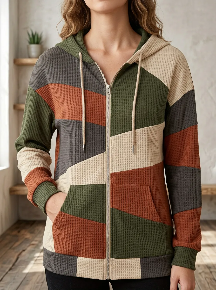 Women's Colorblock Geometric Signature Arrangement Waffle Zip-Up Hoodie