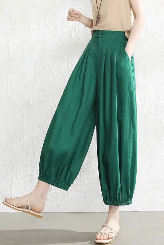 Modern Linen Wide Leg Elastic Waist Pocketed Trousers