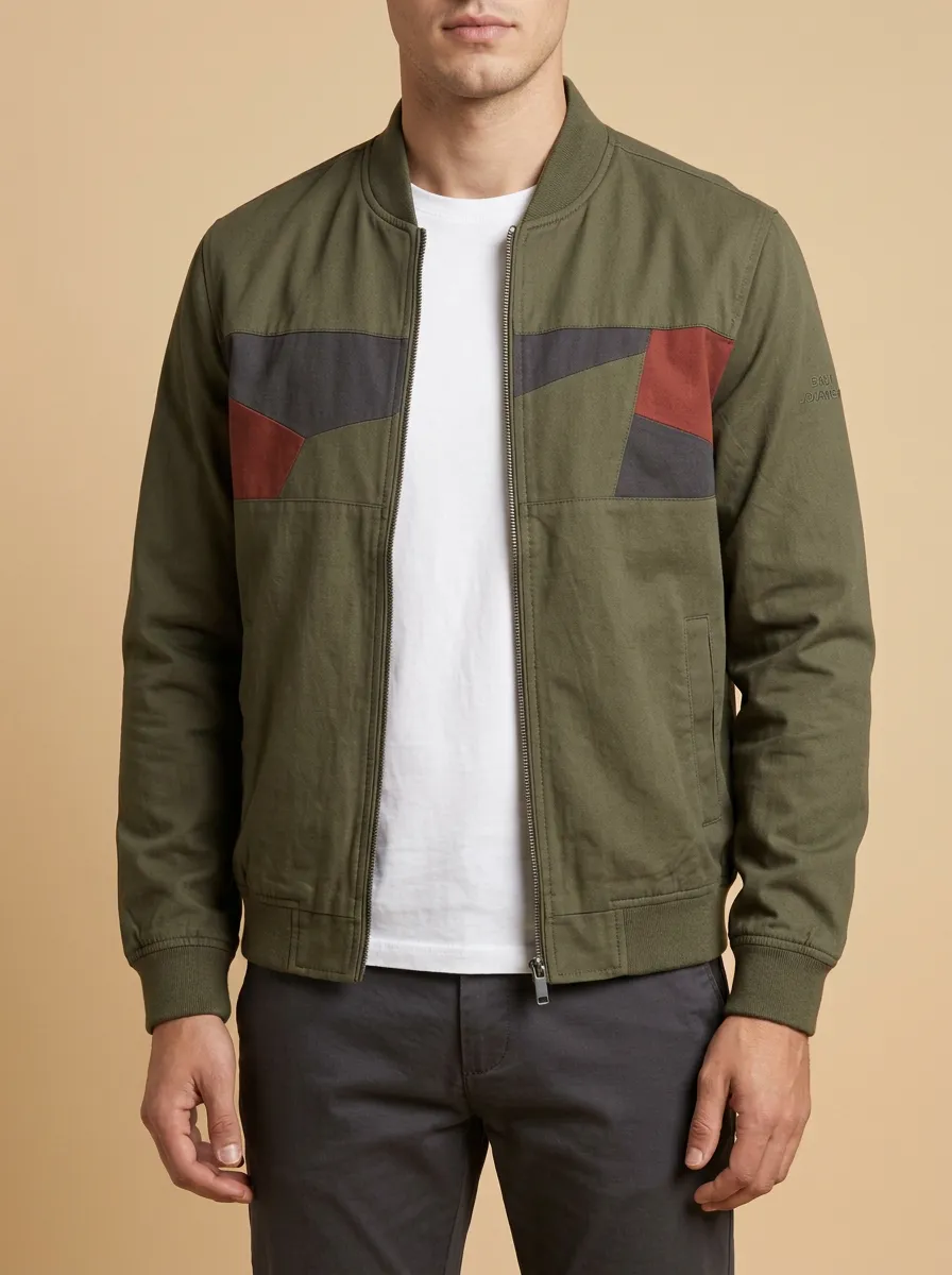 Geometric Colorblock Bomber Jacket